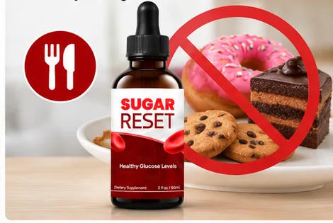 Sugary donuts and cake behind a red no-entry symbol beside Sugar Reset