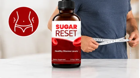 An older man measuring his waist with a tape measure beside Sugar Reset