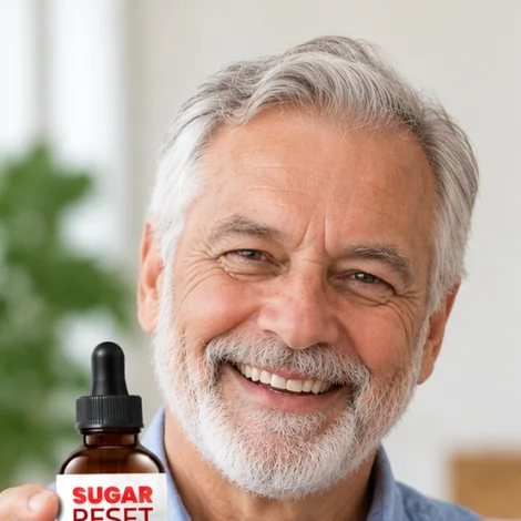 A customer in a blue shirt holding a bottle of Sugar Reset
